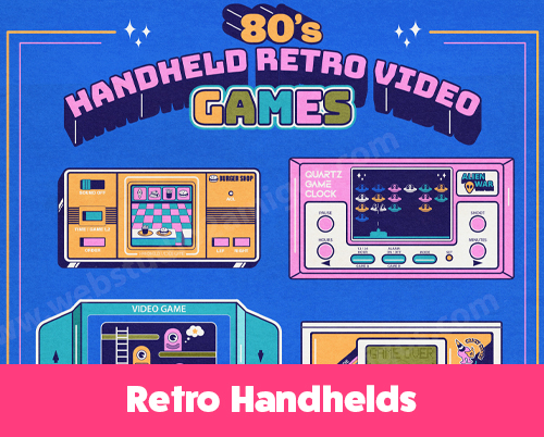 Colorful 80s handheld retro video game banner with pixel-art consoles and neon typography.
