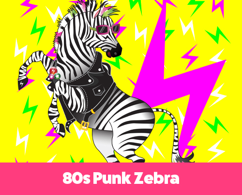 Stylized illustration of a zebra wearing a black leather punk vest, pink sunglasses, and decorative pins, set against a bright yellow background with pink, green, and white lightning bolts. The zebra strikes a dynamic pose in front of a large pink lightning flash, radiating 1980s punk energy.
