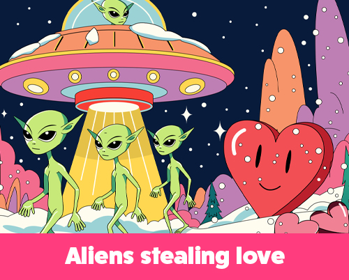 Surreal pop-art illustration of aliens landing with an UFO on Earth and stealing human love.