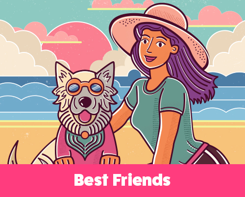 A cheerful beach scene featuring a woman and her dog in sunglasses, radiating friendship, summer vibes, and carefree fun.