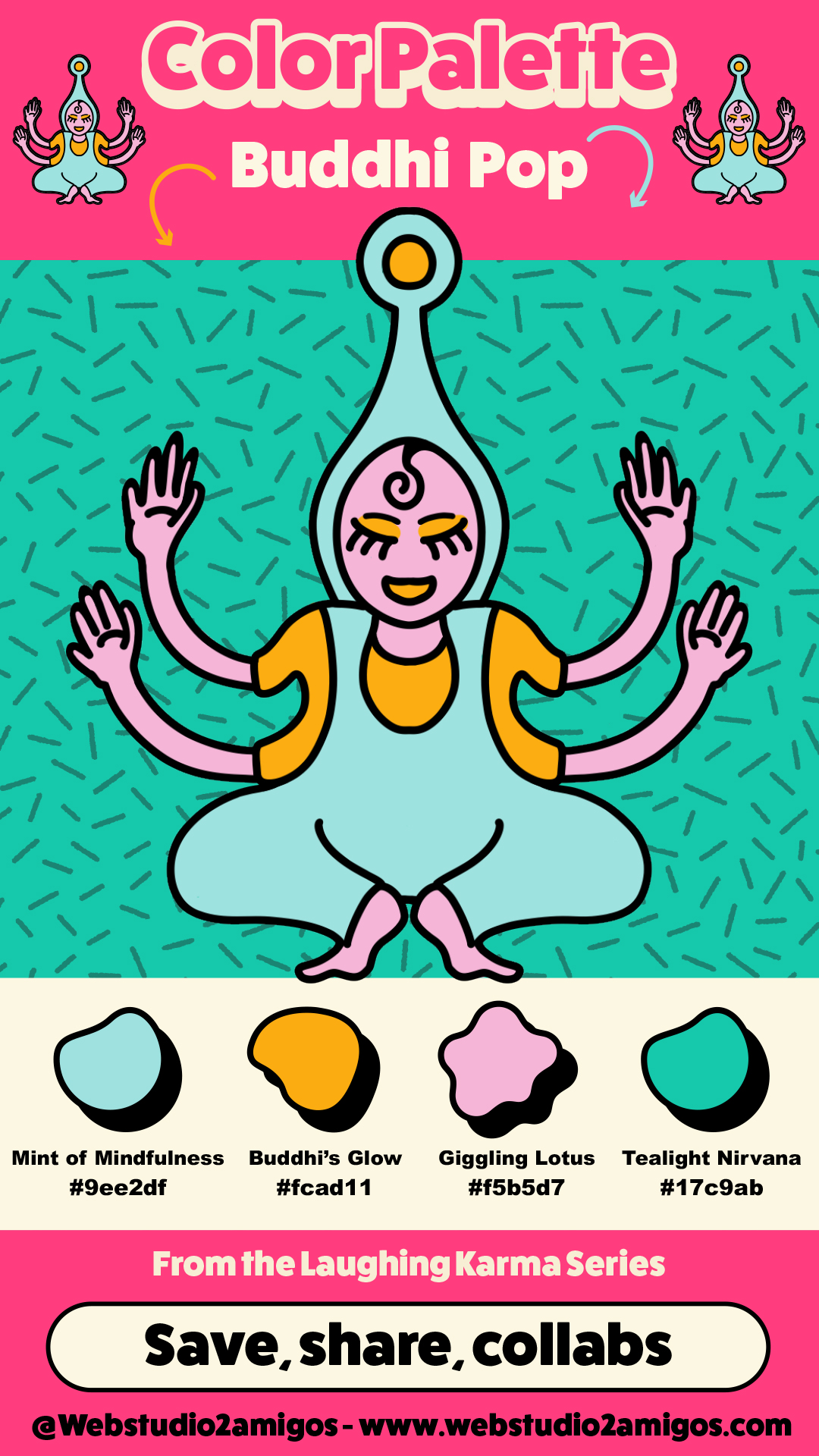 Color palette poster titled “Buddhi Pop” featuring a joyful cartoon figure with four arms in a meditative pose, surrounded by playful pastel shades with names like Mint of Mindfulness and Giggling Lotus.