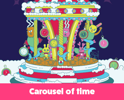 Surreal carousel illustration with fantasy creatures riding alongside oversized clocks and watches, set against a night sky with clouds and stars.