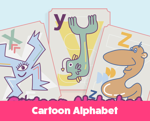 Illustrated cartoon alphabet featuring each letter designed as a unique, quirky character with expressive faces, colors, and shapes, arranged in a fun and playful grid.