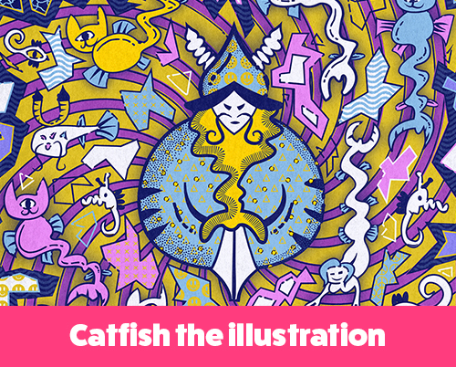 Urban art Catfish illustration of Neptune surrounded with cat fishes, sea horses, mermaids and weird sea creatures.