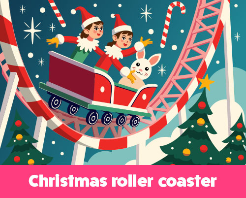 Festive illustration of two cheerful elves and a smiling rabbit riding a Christmas-themed rollercoaster, surrounded by candy canes, decorated trees, and snowy winter details.