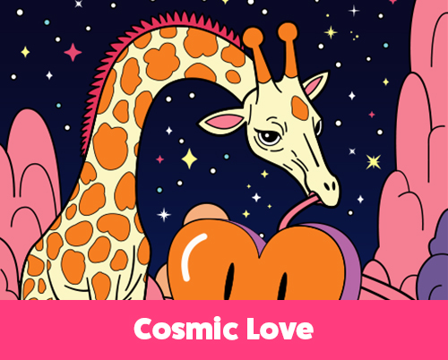 Surreal illustration of a giraffe in a colorful dreamscape stealing a large smiling heart with its tongue, set under a starry sky and surrounded by playful patterns.