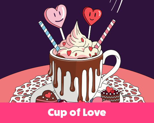 Illustration of a hot chocolate dessert cup with whipped cream, dripping chocolate, and heart-shaped stir sticks, surrounded by decorated chocolates on a doily.