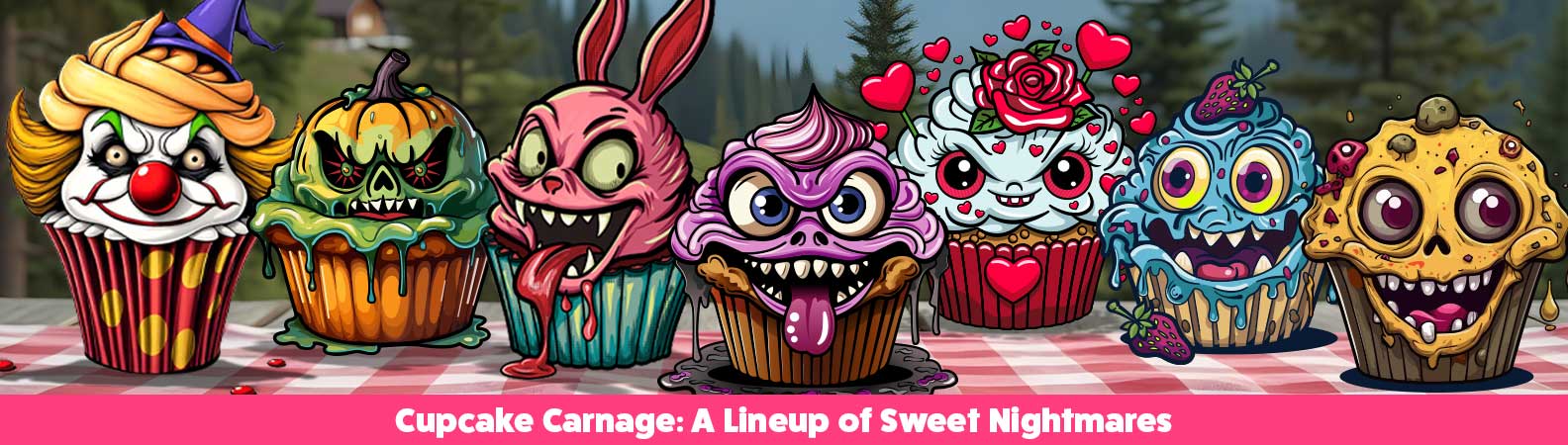 Seven cupcakes, seven personalities, from love-struck to unhinged. These twisted treats turn dessert into a gallery of creepy-cute characters, blending sweetness with a monstrous grin.