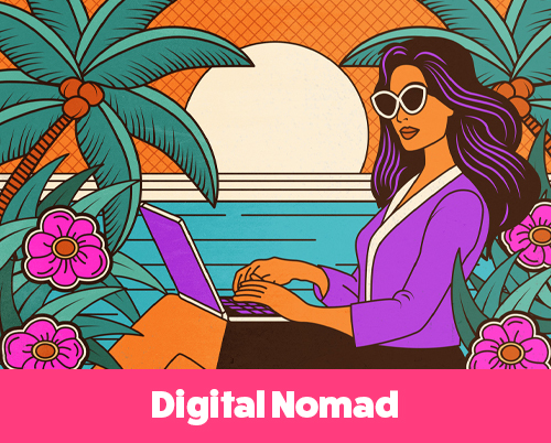 Stylized illustration of a woman with sunglasses working on a laptop by the ocean, surrounded by palm trees and tropical flowers at sunset.