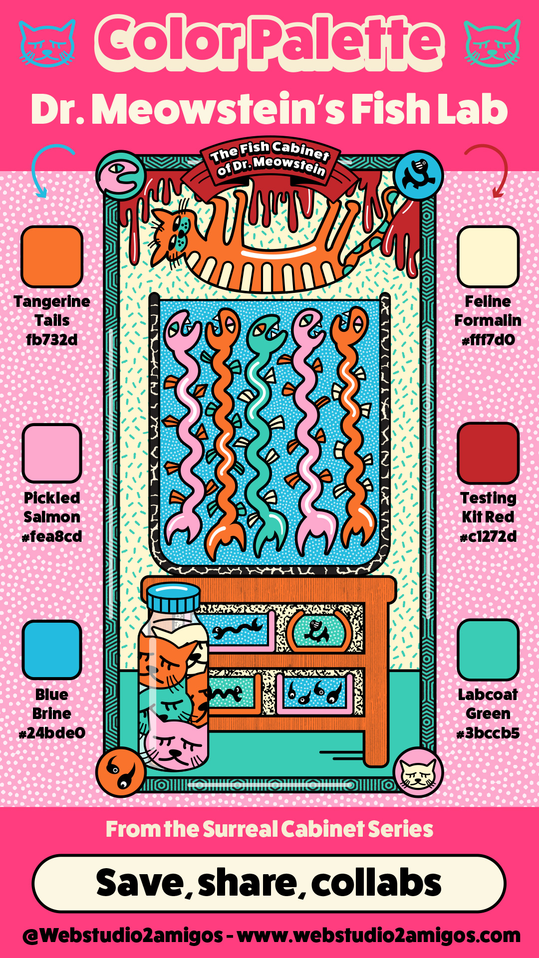 A vibrant illustrated color palette titled “Dr. Meowstein’s Fish Lab” featuring a cartoon-style fish cabinet with swirling preserved fish in pastel hues. Includes color swatches named Tangerine Tails, Blue Brine, Pickled Salmon, Testing Kit Red, Labcoat Green, and Feline Formalin, all arranged against a playful retro background.