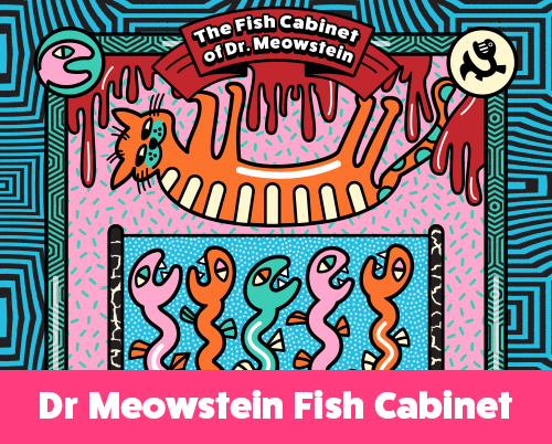 Surreal, colorful cabinet filled with twisted fish skeletons, cat parts in jars, and eccentric details, all framed by a warped geometric pattern.