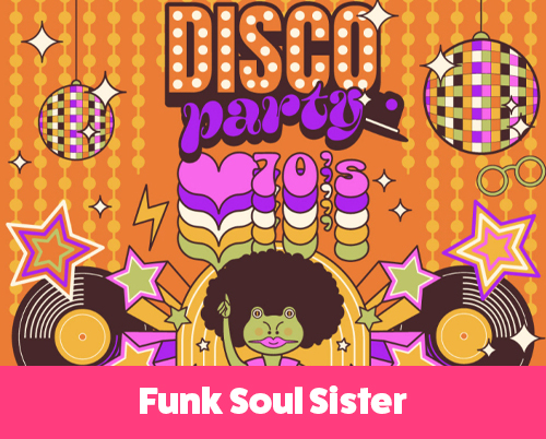 Colorful disco-themed illustration featuring retro animals and a woman in 70s fashion dancing on a checkered floor with disco balls, stars, records, and neon patterns.