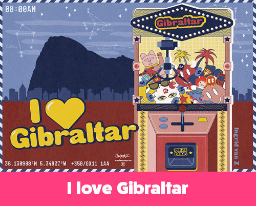 Retro-style illustrated postcard featuring the Rock of Gibraltar at dawn and an arcade claw machine filled with quirky local icons and symbols.