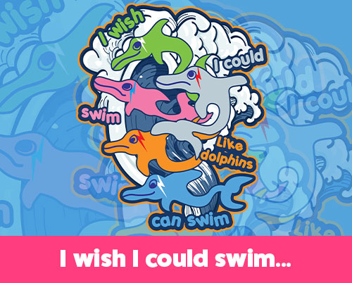 Playful illustration of colorful dolphins jumping from waves with the text “I wish I could swim like dolphins can swim,” inspired by David Bowie's song "Heroes."