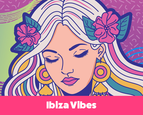 Illustration of a serene woman with long flowing hair, floral accessories, and bold jewelry against a colorful abstract background, capturing a tropical Ibiza vibe.
