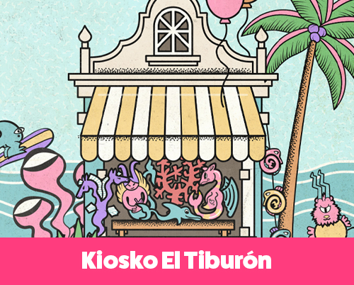 Illustration of a whimsical beach kiosk named "Kiosko el Tiburón" in Andalucía, surrounded by pastel sea creatures, a palm tree, balloons, popsicles, and a playful shoreline.