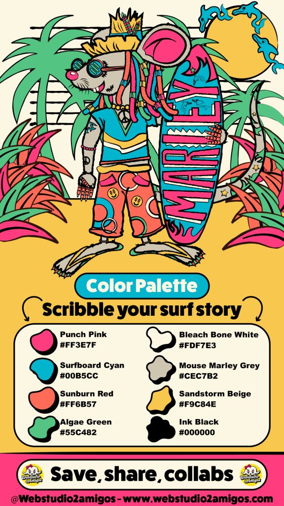 Scribble Your Surf Story From the Mouse Marley Series Tropical vibes, reggae tones, and a mouse who shreds waves