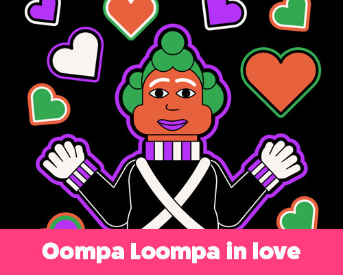 A vibrant, cartoon-style Oompa Loompa from "Charlie and the Chocolate Factory" surrounded by colorful, stylized hearts on a black background.