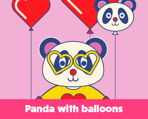 Cartoon panda wearing heart-shaped glasses holding red balloons, set against a pink background with playful expressions.