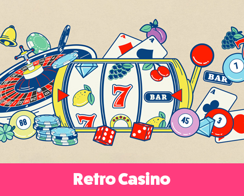 Illustration of casino elements including a slot machine, roulette wheel, poker chips, dice, playing cards, and bingo balls in a colorful, retro-inspired style.