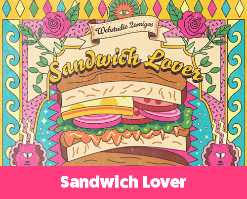 A colorful vintage-style poster of an enormous sandwich layered with ingredients, surrounded by birds, flowers, and decorative patterns.