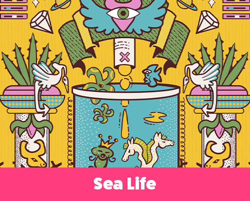 Line-art Sea Life illustration of a fish tank representing the seas and the oceans and how they are populated by corporate greed and those multinationals being controlled by the All-Seeing eye.