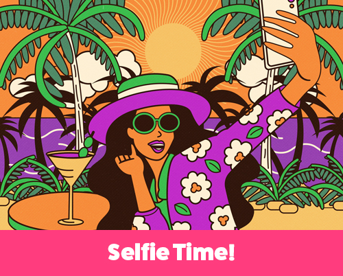 Stylized illustration of a woman in a floral outfit taking a selfie on a tropical beach, with palm trees, a cocktail, and a vivid sunset in the background.
