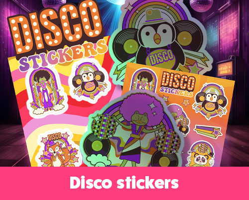 Colorful retro-style disco stickers featuring funky characters like a dancing frog, penguin, fox, and afro-dancing diva, displayed in a glowing disco club setting.