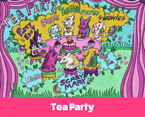 Whimsical cartoon illustration of colorful bunny characters gathered at a round tea table in a grassy garden surrounded by oversized flowers, hearts, and curtains. Names like Poppy, Eddy, Tobilina, Pepsi, Bowie, Scary Mary, and others appear in colorful clouds above their heads