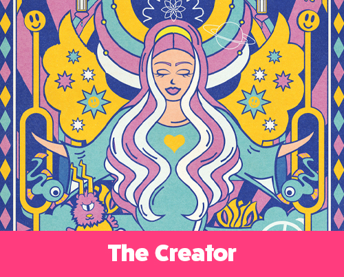 Psychedelic-style illustration of a serene mermaid goddess with flowing hair, cosmic and peace symbols, surrounded by vibrant patterns, birds, and floating elements.