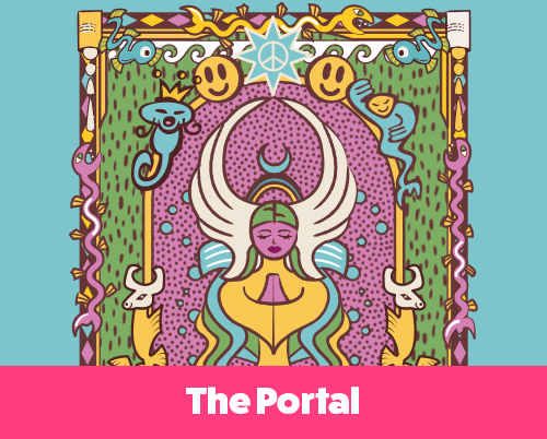 Illustrated psychedelic-style artwork featuring a winged feminine figure in a meditative pose, surrounded by eel, sea creatures, smiley faces, and abstract cosmic motifs. A peace symbol radiates from a star at the top center, while mirrored animal shapes frame the symmetrical composition.