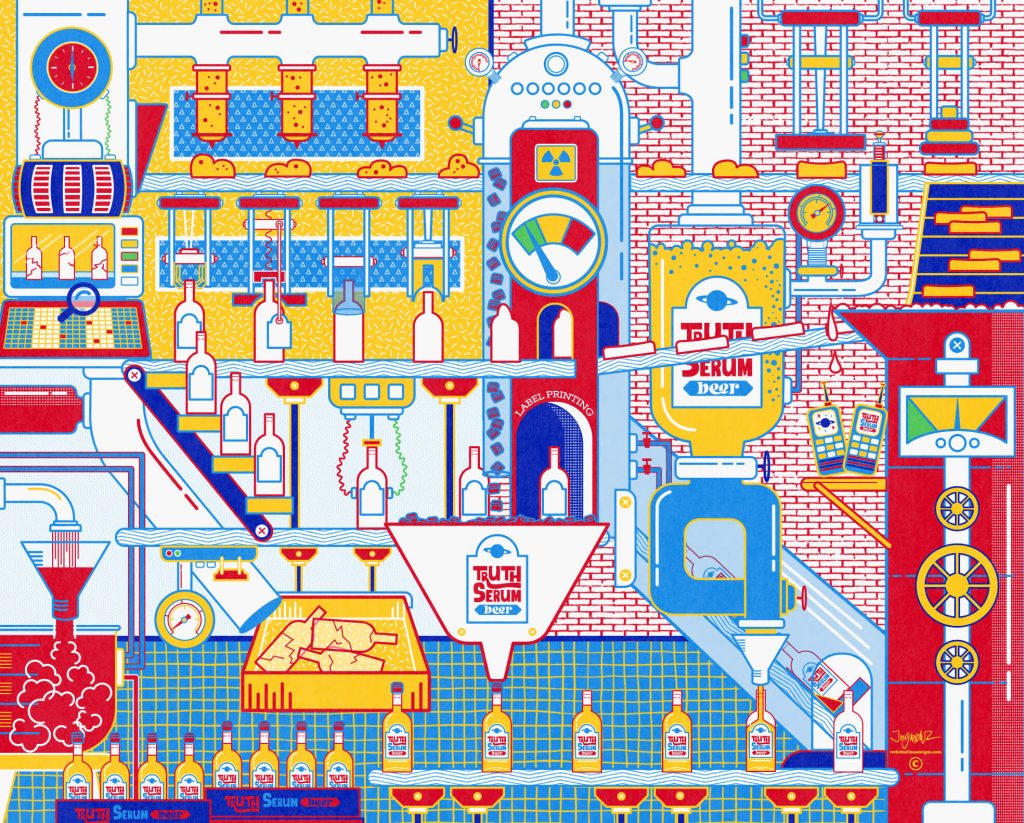 Pop-art style The Bottle Factory illustration showing the process of producing Truth Serum Beer in bold primary and Mondriaan colors