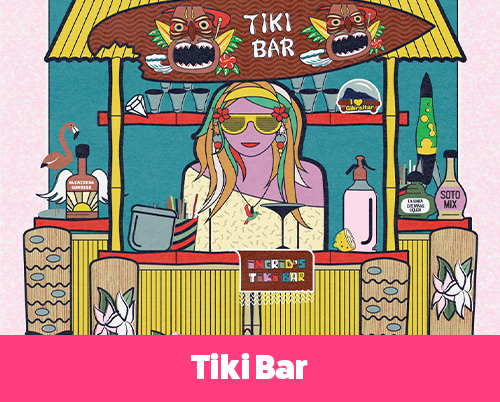 Colorful cartoon-style illustration of a woman bartender at a tropical tiki bar decorated with carved totems, cocktail bottles, a lava lamp, and pink floral accents.