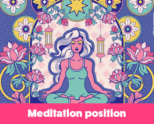 Colorful digital illustration featuring a serene woman practicing yoga and meditation, surrounded by intricate floral patterns, candles, and lanterns.