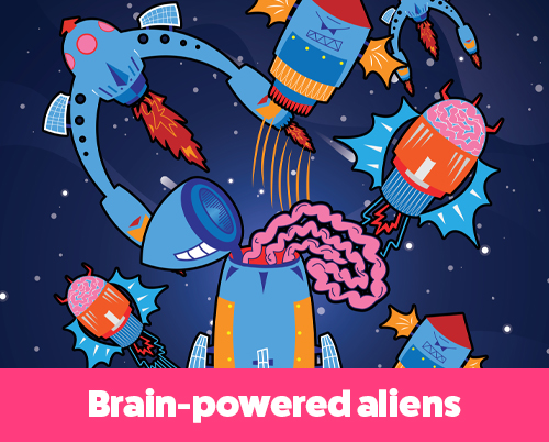 Cartoon-style illustration of blue and orange alien spacecraft with legs, rockets, and exposed pink brains flying through outer space. The background is a starry night sky, with multiple whimsical space creatures in flight.