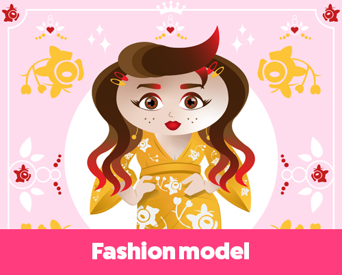 Cartoon-style fashion illustration of a stylized female character with red-dipped hair, heart-shaped eyes, and a bold pose. She wears a mustard-yellow floral dress with matching shoes against a soft pink background decorated with symmetrical floral and heart motifs.