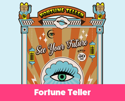 Retro-styled Mystic Oracle fortune teller machine with an all-seeing eye, tarot card dispenser, and vintage design inspired by the Zoltar machine from the film Big.