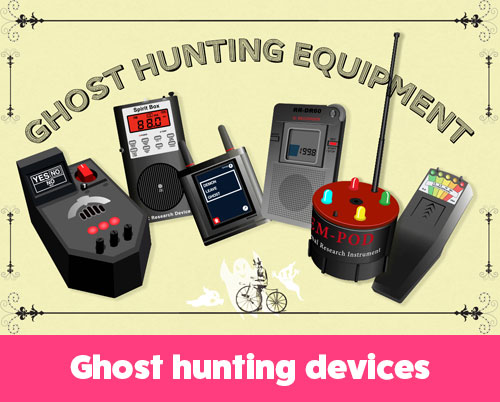 Digital illustration of various ghost hunting devices including EMF meters, spirit boxes, and EVP recorders, arranged on a vintage-style background.