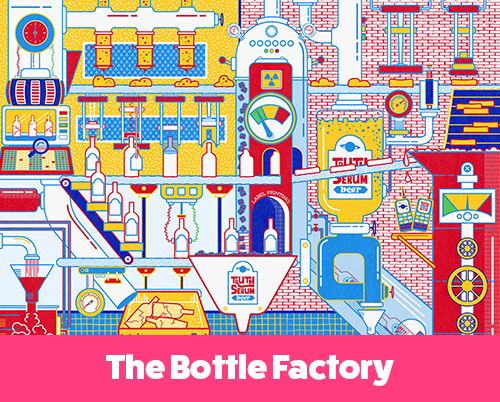 Pop-art style The Bottle Factory illustration showing the process of producing Truth Serum Beer in bold primary and Mondriaan colors