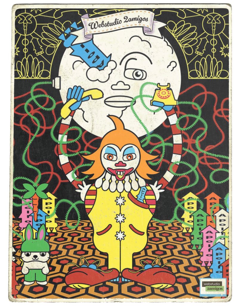 Surreal illustration of a clown styled after Pennywise and Ronald McDonald, making a phone call to the moon, with visual nods to The Shining’s carpet, Apollo 11, and early cinema.