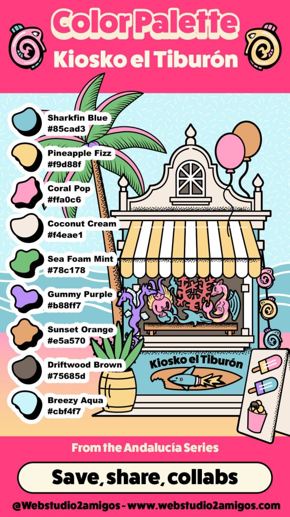 Illustrated beachside kiosk with palm trees, balloons, sea creatures, and pastel colors from the “Kiosko el Tiburón” color palette