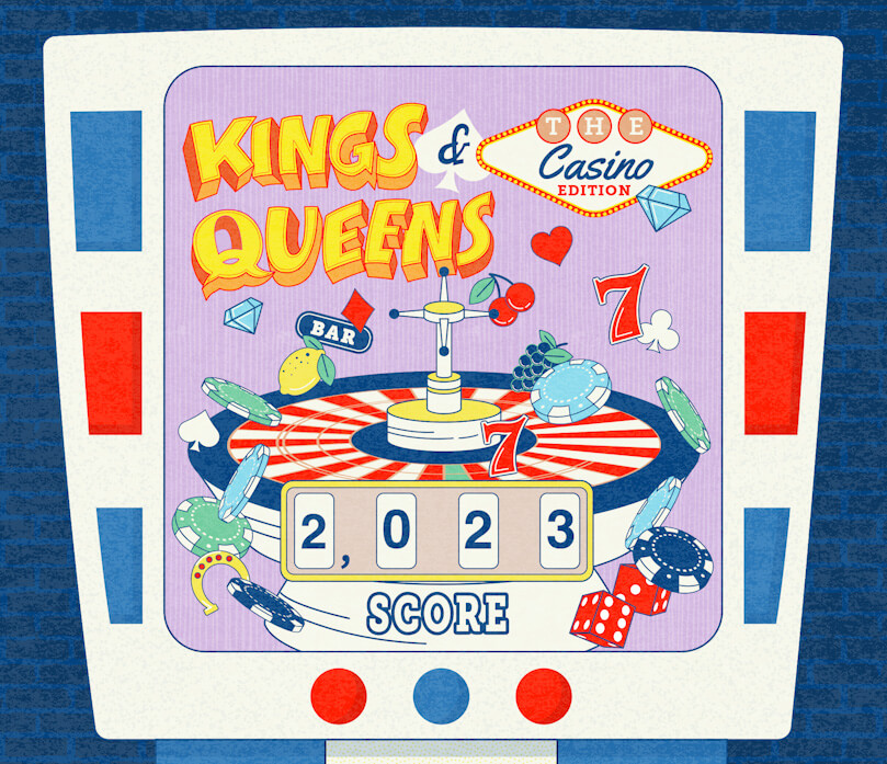 Illustration of a retro pinball machine titled “Kings & Queens: The Casino Edition,” designed with vintage casino themes, roulette wheels, slot symbols, and colorful flippers, inspired by the iconic pinball machine from the film Tommy.