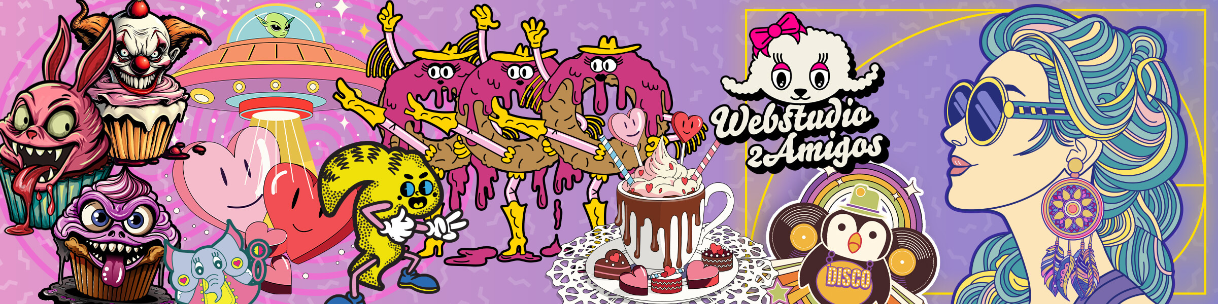 Colorful illustrated Redbubble banner featuring creepy cupcake monsters, dancing donuts, aliens, kawaii animals, and a retro-styled woman with pastel hair.