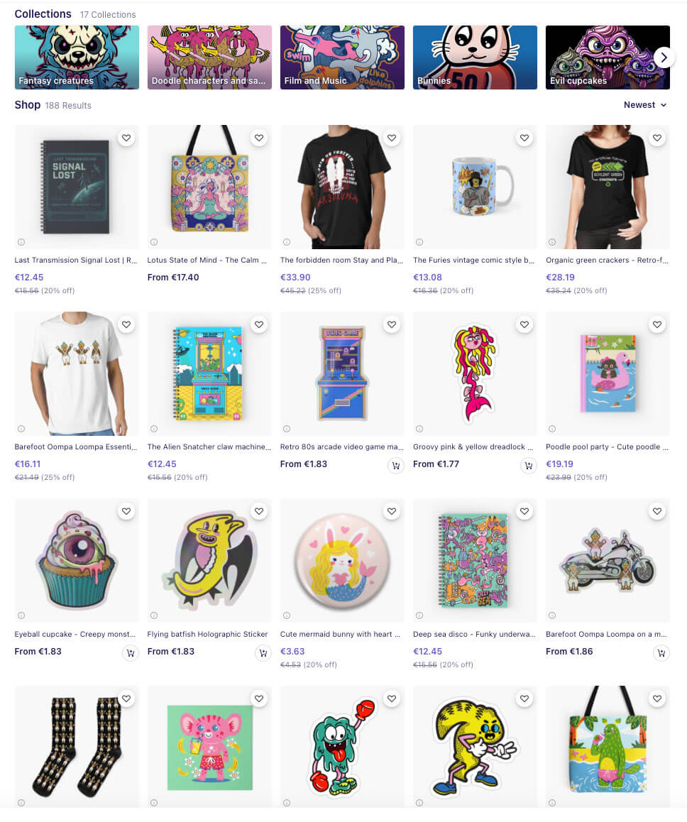 Screenshot of our Red Bubble online store featuring colorful illustrated products including t-shirts, mugs, tote bags, stickers, notebooks, and art prints with quirky cartoon, fantasy, and retro designs.
