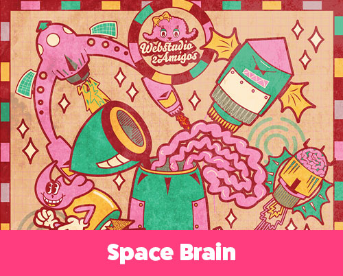 Colorful cartoon illustration featuring whimsical robots, brain-headed rockets, and playful alien-like creatures in a retro comic style with a “Webstudio 2 Amigos” logo at the top center.