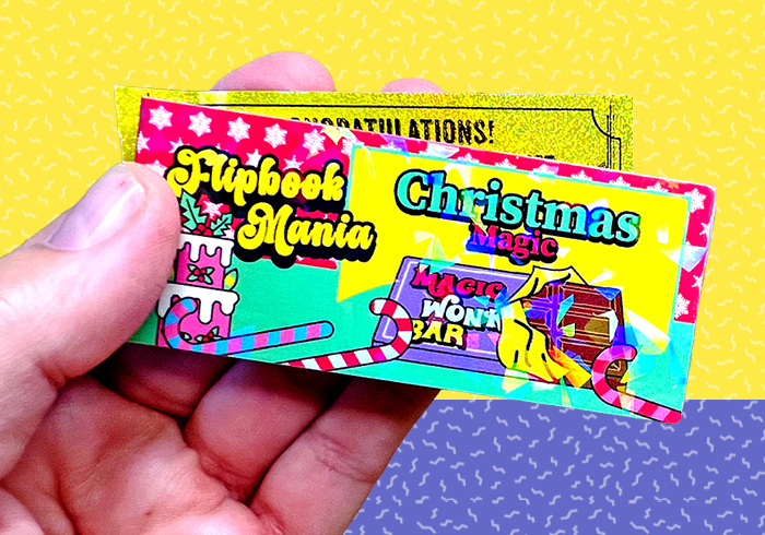 Christmas flipbook craft held in hand with colorful Willy Wonka and Oompa Loompa illustrations