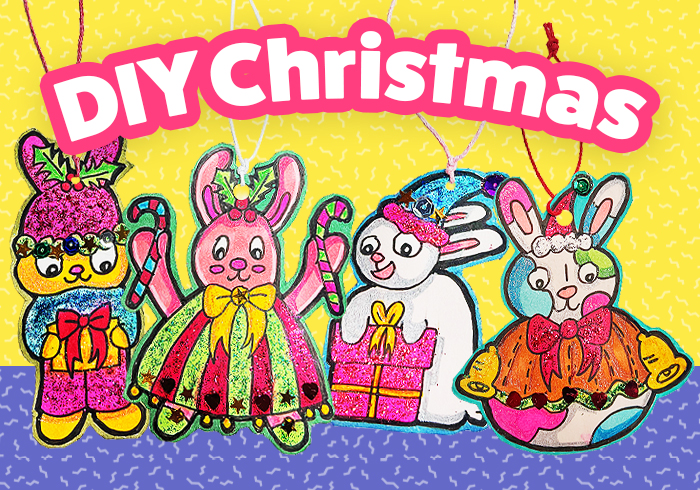 DIY Christmas rabbit ornaments made from illustrated paper hangers with festive colors and handmade decorations