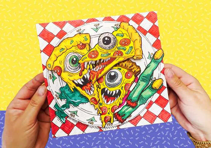 Creepy pizza illustration with monster faces and eyeballs, hand-drawn pop surreal food art