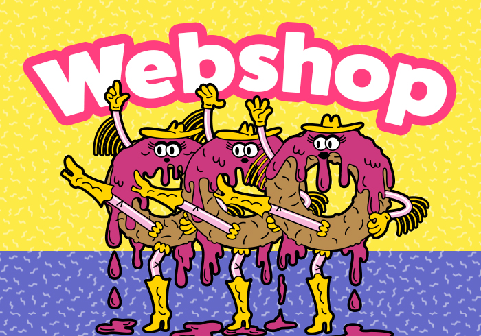 Webshop illustration of dancing donut cowgirls with dripping frosting in a playful pop art style