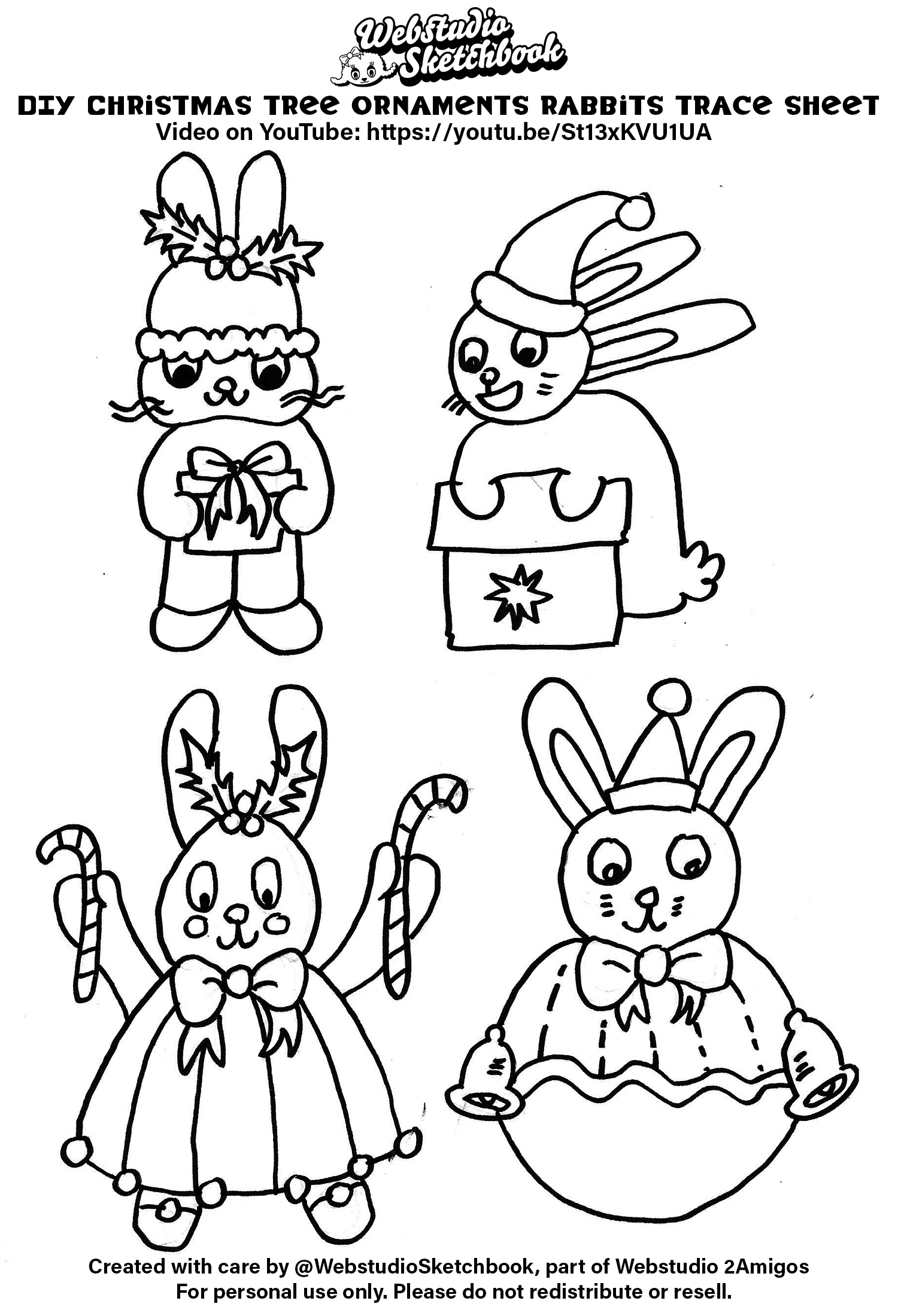 Printable rabbit Christmas ornament trace sheet with four hand-drawn designs for DIY paper ornaments